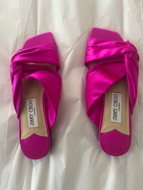 Jimmy Choo Bright Fuchsia Satin Knotted Slide Mules